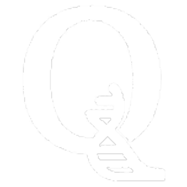 Gray letter Q with DNA strand design.