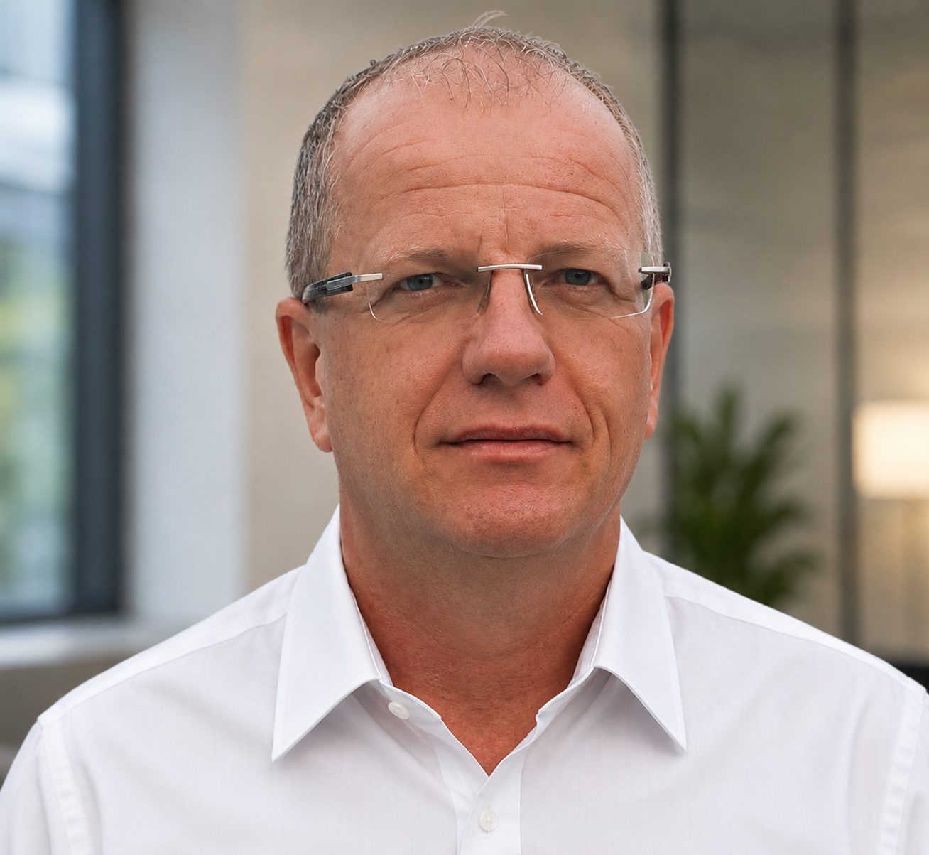 Man in glasses wearing a white shirt.
