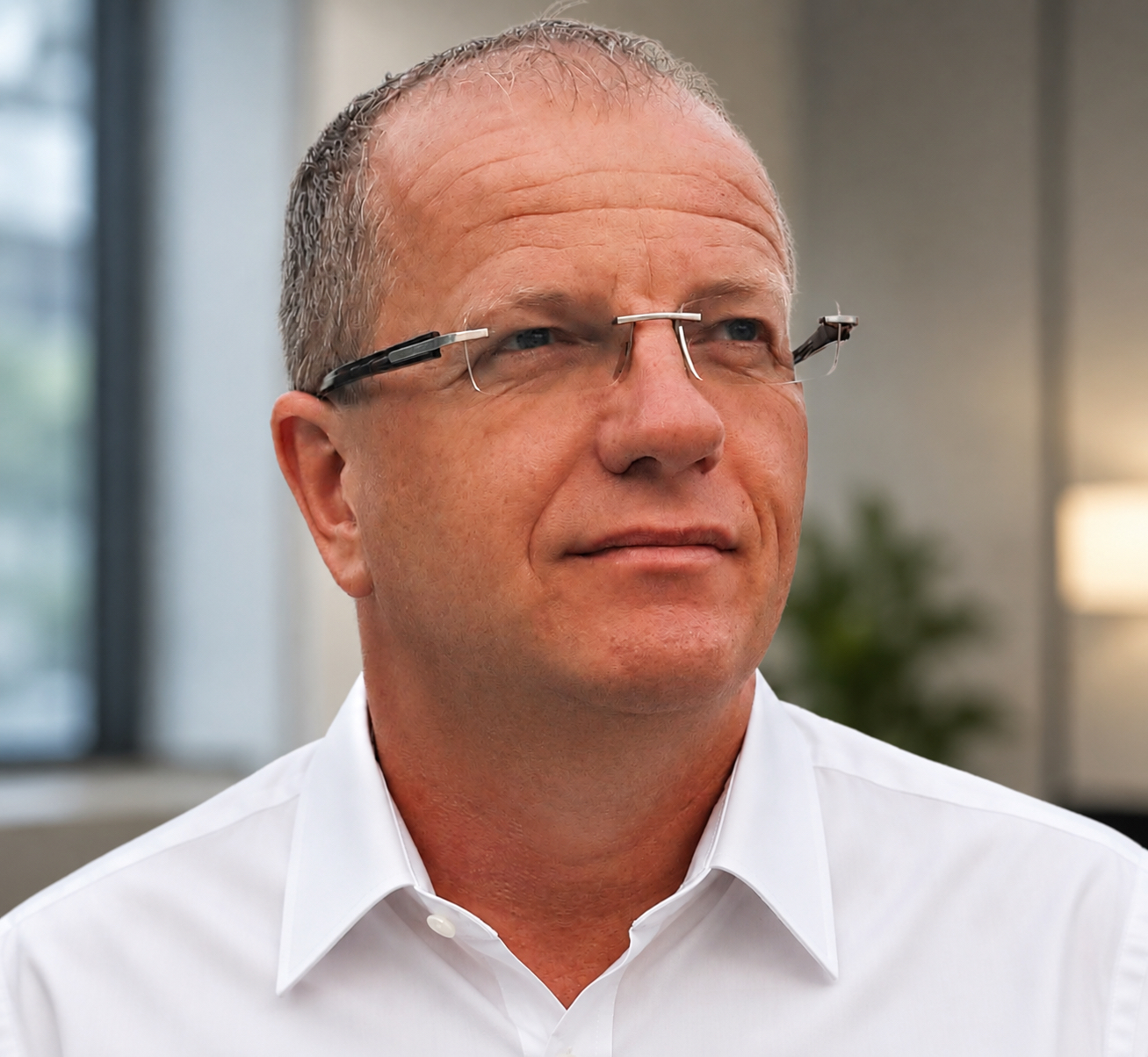 Man in glasses and white shirt indoors.